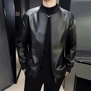 Men's Stylish Black PU Leather Jacket - Casual Baseball Collar, Zip-Up with Pockets, Loose Fit, Machine Washable, Perfect for Casual Attire