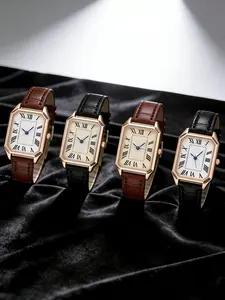 4-Piece Set Vintage Roman Quartz Watch, Elegant Square Analog Wristwatch Kit, Perfect for Daily Wear or Vacation, Women's Fashion Accessories