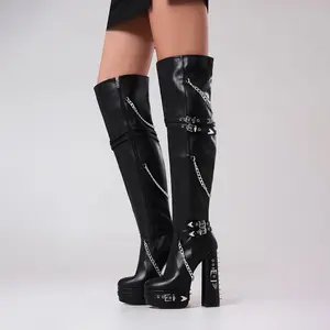 FEINLINA Women's Matte Black Stiletto Boots with Punk Chain Harness & Side Zipper Over-the-Knee Long Boot for Edgy Style Premium Synthetic Leather Footwear boots for women vivet boots