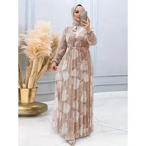 Print Women's Middle Eastern Muslim Dress - Black & White Leaf Print, Pleated Waist Design, Long Sleeves, Polyester Blend, Machine Washable - Modest Wear for All Seasons, Muslim Clothes