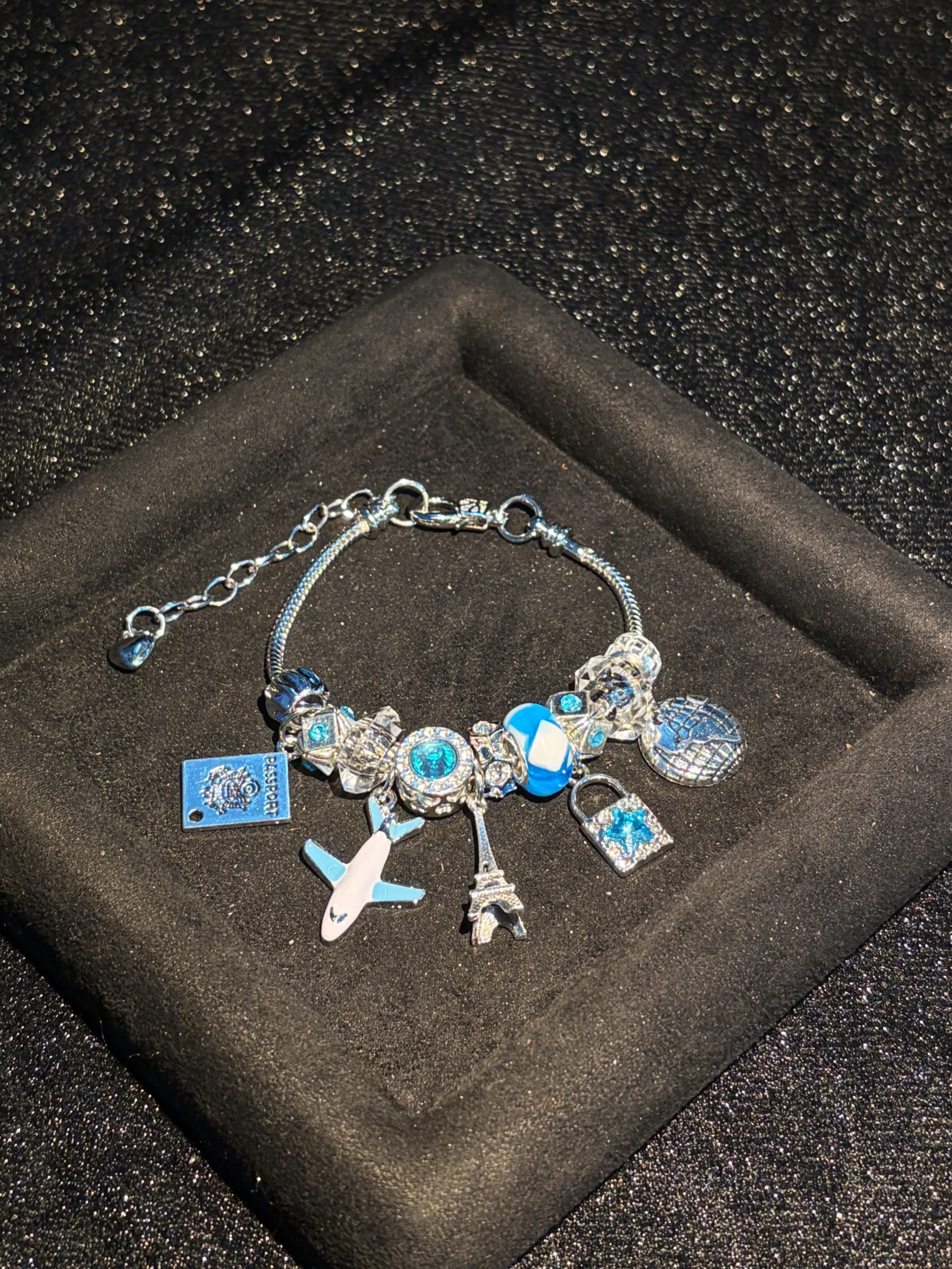Silver Tone Travel Charm Bracelet For Women Teen Girls Airplane Eiffel Tower Passport Globe Lock Dangle Charms Bracelet Blue Crystal Large Hole Beads Adjustable Snake Chain Bracelet Wanderlust Travel Souvenir Stackable Fashion Jewelry Gift