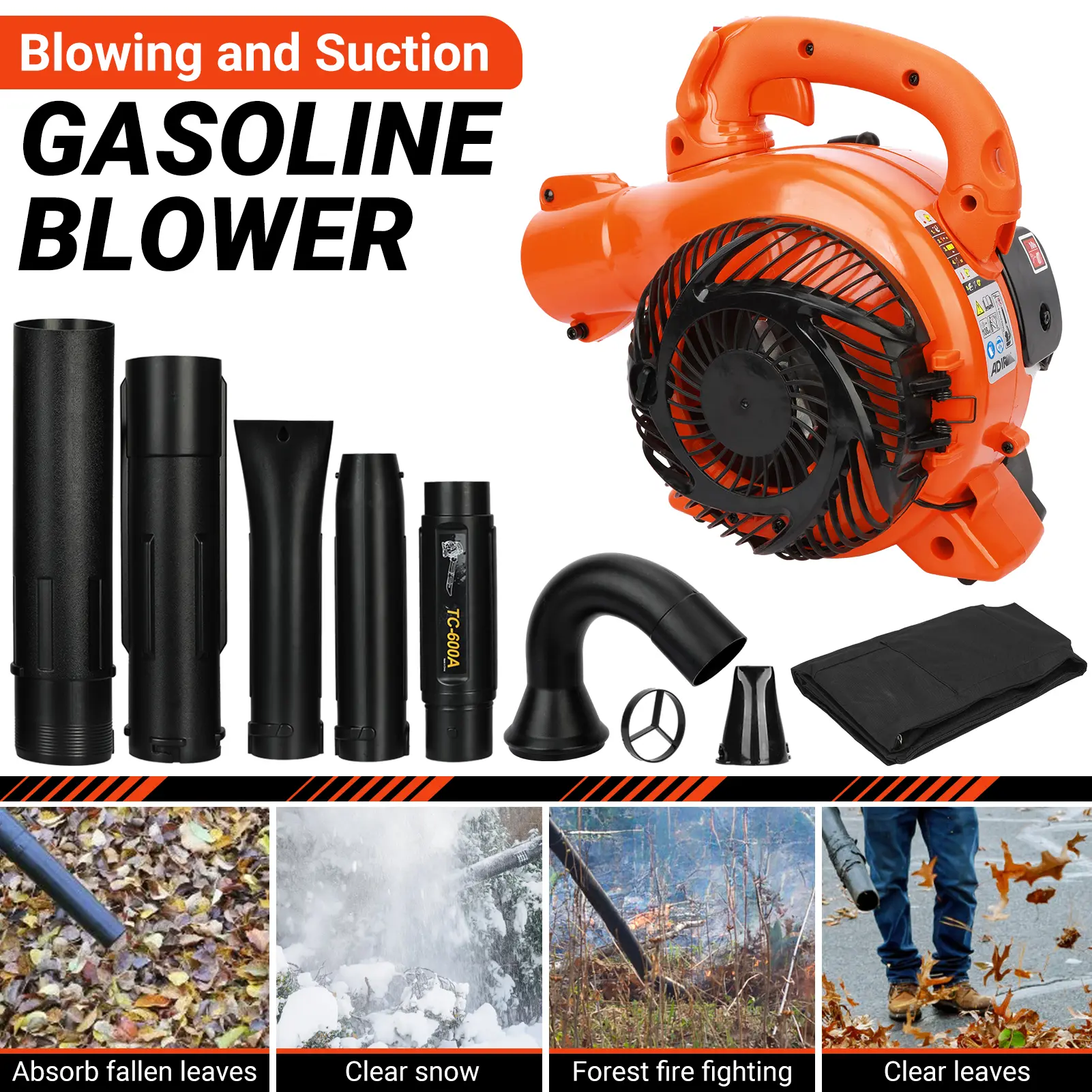 26CC 2-Stroke Gas Leaf Blower Vacuum, 2HP 424 CFM Handheld Blower with Easy Start & Pipes