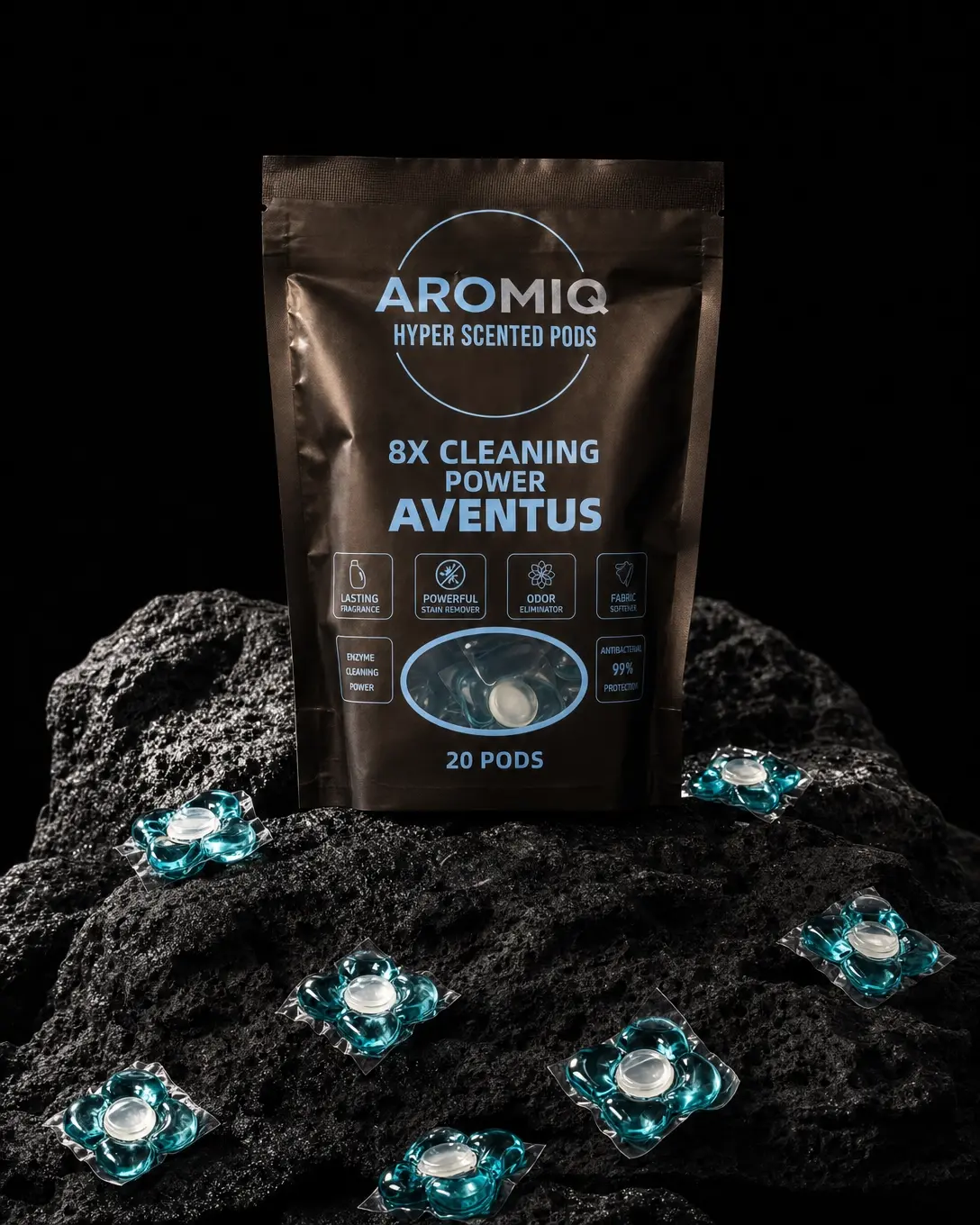 Aromiq Hyper Scented Aventus Premium Laundry Capsules - 20 Count, 8x Cleaning Power, Dye Free, Musk & Jasmine Fragrance, Clean Ingredients, Odor Eliminator for Deep Stain Removal, Home Care Laundry Solution, He Detergent Pacs, Cleaner Laundry Fragrance