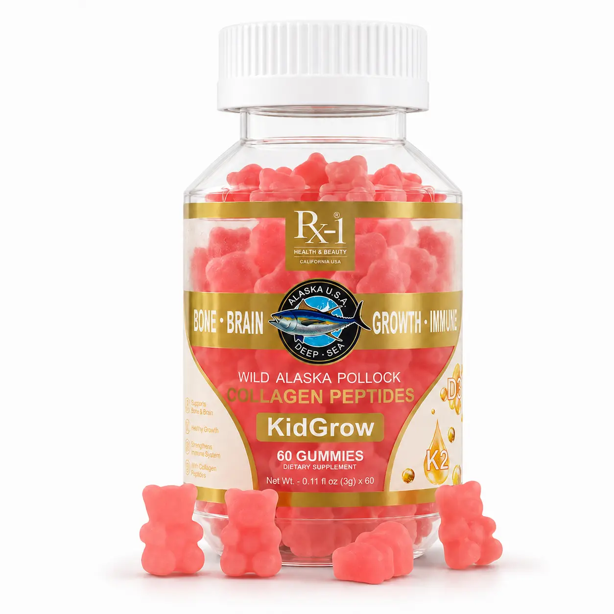 Rx-1 KidGrow Kids Growth & Bone Support Gummies with Vitamin D3, K2, Calcium, Magnesium, Zinc & Choline, 60 Count, 30-Day Supply