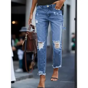 StretchyBoyfriendJeansforWomenRippedDistressedComfortableDenimPantswithFive-PocketDesignFadedWashRelaxedFitWomenswearBottomTrouserStreetwearSummerBasicFittedMinimalistVibrantBlueTACQ