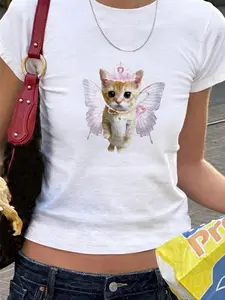 Women’s Cute Cat & Wing Print Baby Tee | Round Neck Crop T-Shirt | Casual Short Sleeve Summer Top