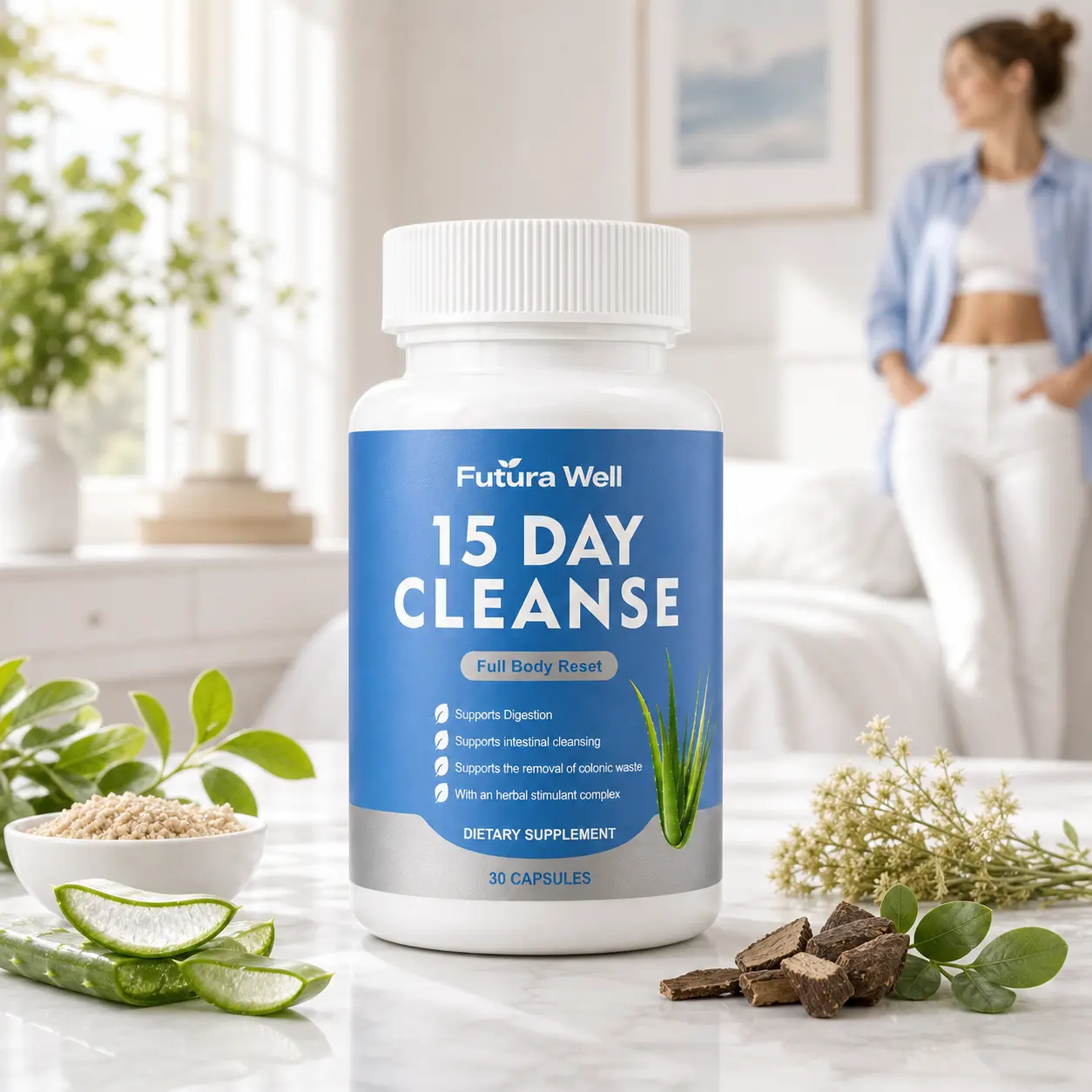 Gut and Colon Support 15-Day Cleanse Supplement - Caffeine-Free, Non-GMO, Advanced Formula with Senna, Cascara Sagrada, Psyllium Husk - 30 Capsules