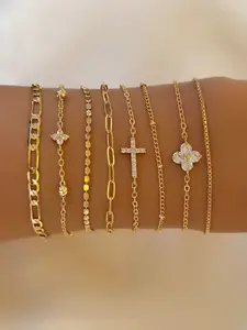 Elegant Cubic Zirconia Cross & Clover Decor Bracelet Set, Multi-Layer Stackable Bracelets for Women, Daily & Party Jewelry, Best Holiday Gift, Stackable Bangle Bracelets