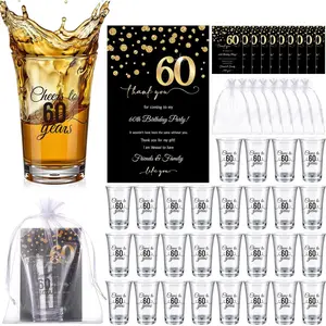 50 Sets Birthday Party Favors for Guests Bulk, 1.4 oz Cheers to 40/45/50/55/60/65 Years Plastic Personalized Glasses Cups with Thank You Cards Gift Bag for Birthday Wedding (Black 60 Years)
