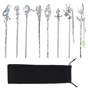 8PCS Star Moon Hair Sticks for Buns Long Hair Chinese Hanfu Asian Vintage Hair Chopsticks Metal Silver Hair Bun Updo Holders Long Hairpins for Women Girls