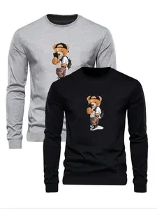 Men's Cartoon Bear Print Round Neck Sweatshirts, Tops, Regular Fit Casual Long Sleeve Crew Neck Pullover for Fall & Winter, Men's Clothes for Daily Wear