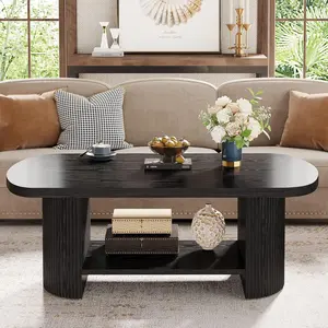 LITTLE TREE Oval Coffee Table, Mid-Century 2-Tier Coffee Table with Storage Shelf, Modern 45.27" Accent Center Table with Wooden Dual Base for Living Room Bedroom Apartment