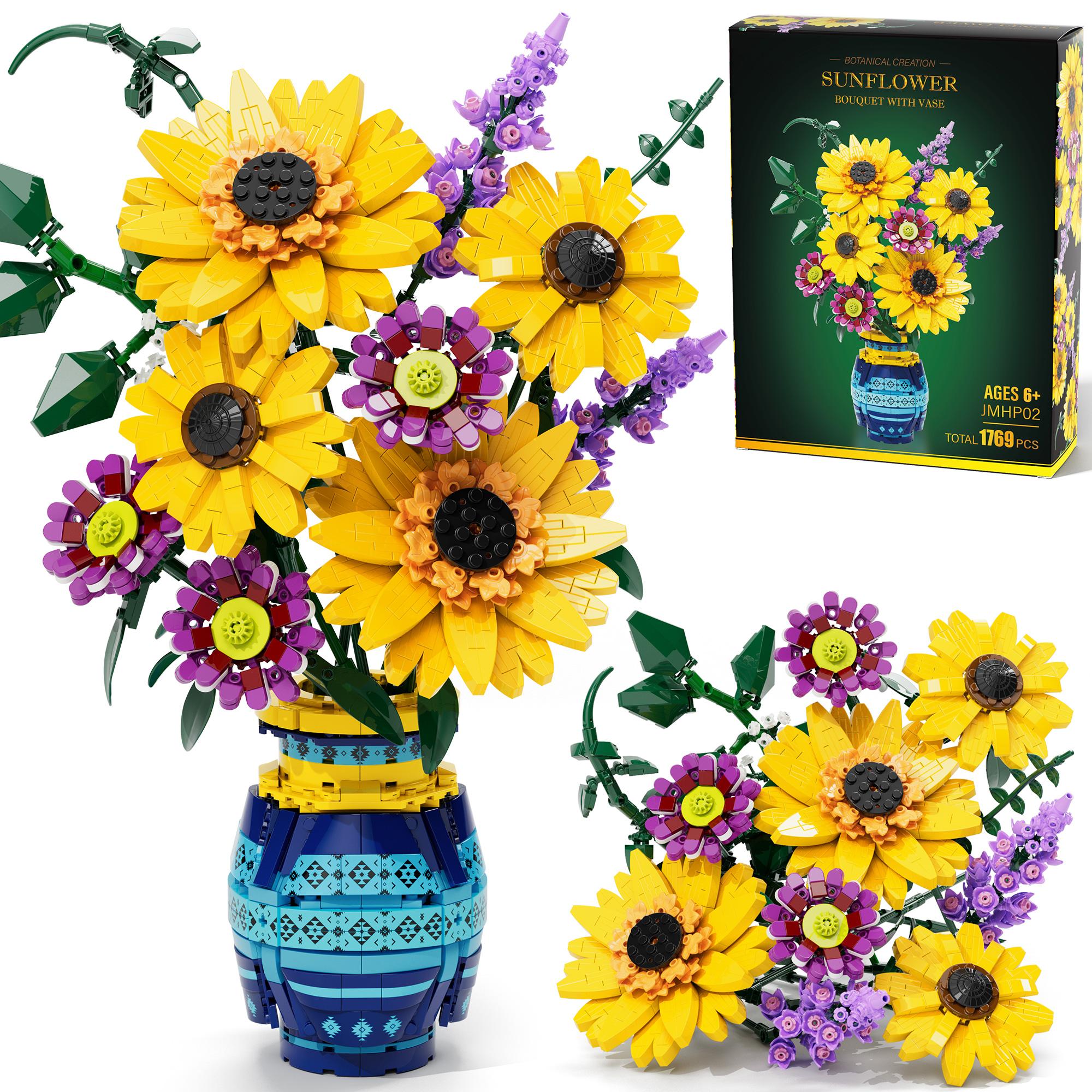 Mayicivo 1769PCS Sunflower Bouquet Building Blocks with Vase Kit for Her Wife Him Anniversary Mother's Day Birthday Gift for Women Men Adults Decorative Ornaments for Bedroom