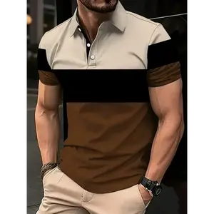 1pc Men'S Summer Casual Short Sleeve Polo Shirt - Polyester Knit Fabric With Slight Stretch, All Over Print Lapel Collar, Button Detail, Regular Fit - Trendy Multi-Color Short Sleeve Polo Top