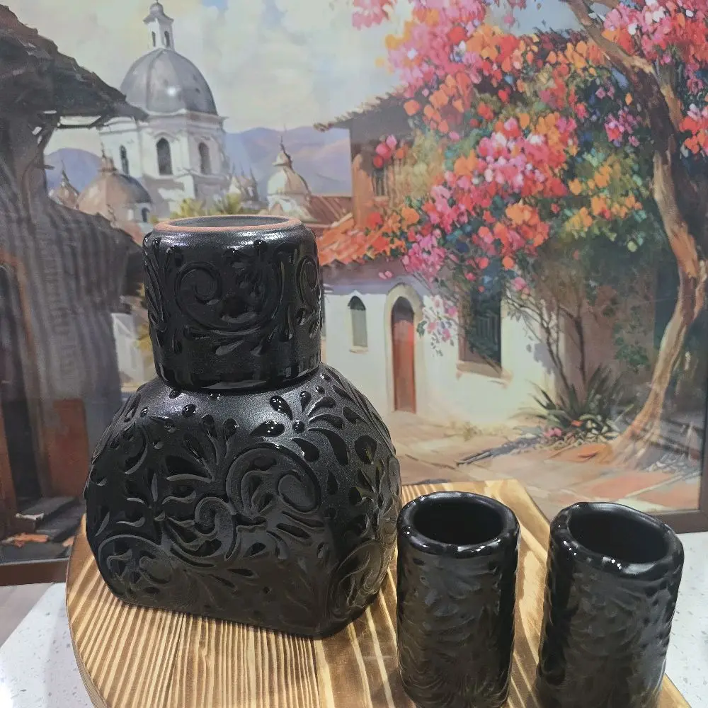 Black Talavera Tequila Set with 2 Tequila Shot Glasses Black Talavera Tequila Set with 2 Tequila Shot Glasses