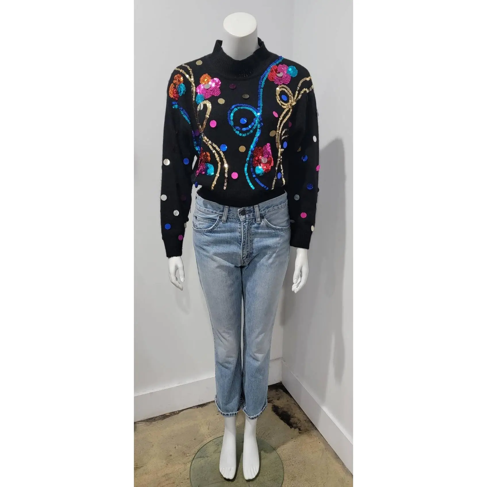 Vintage 80s Sequin Angora Cropped Floral Polka Dot Sweater by My