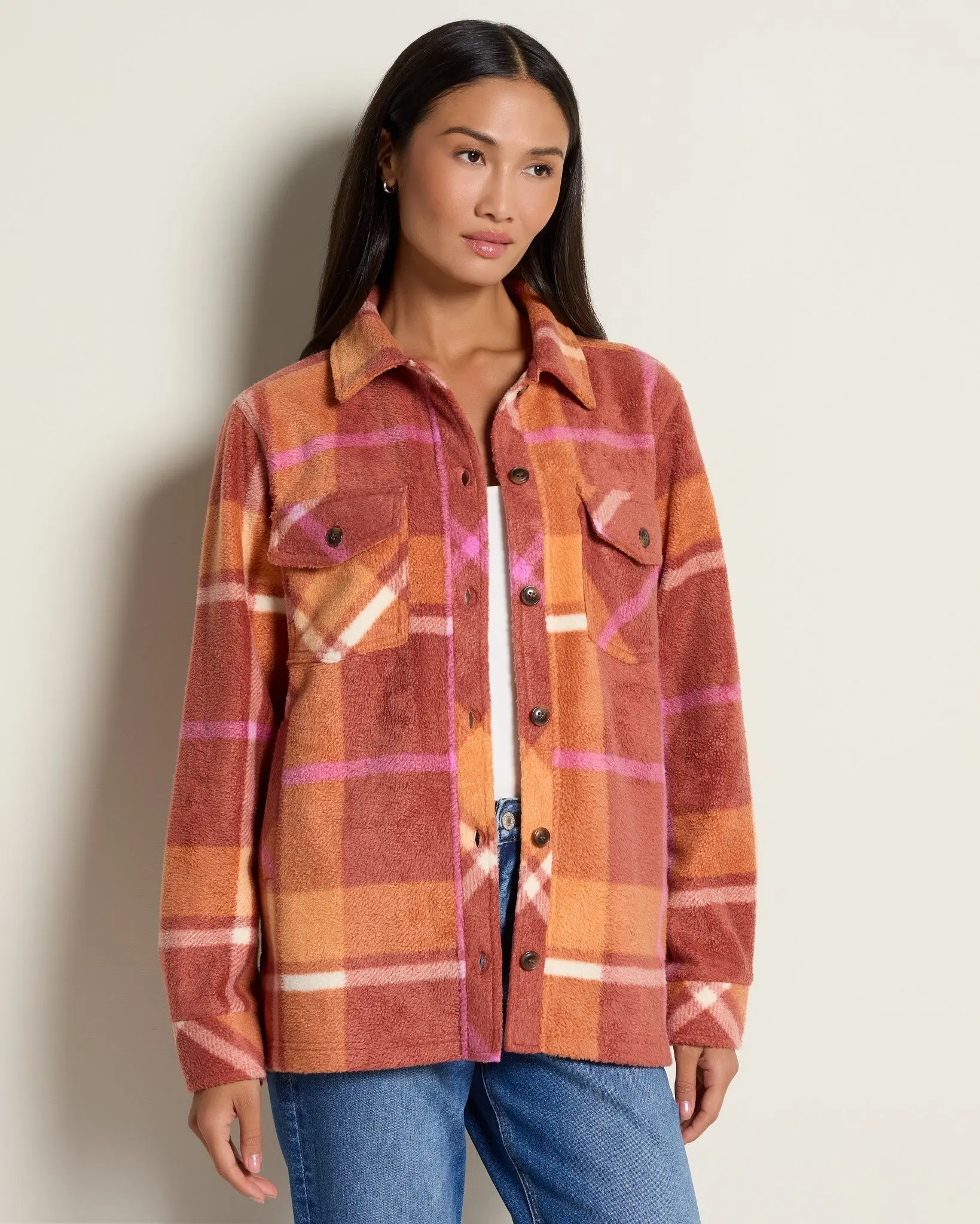 Women's Cozy Fleece Santa Fe Shacket Jackets - Long Sleeve, Relaxed Fit, with Chest Flap Pockets, Casual Outerwear