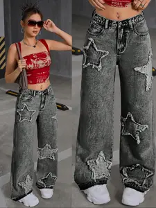 Fashion Trendy Streetwear Girl Star Denim Jeans, Vintage Wash Unique Patched Hem, Elastic Waist Trousers for Comfort, Loose-Fitting Punk Style Jeans