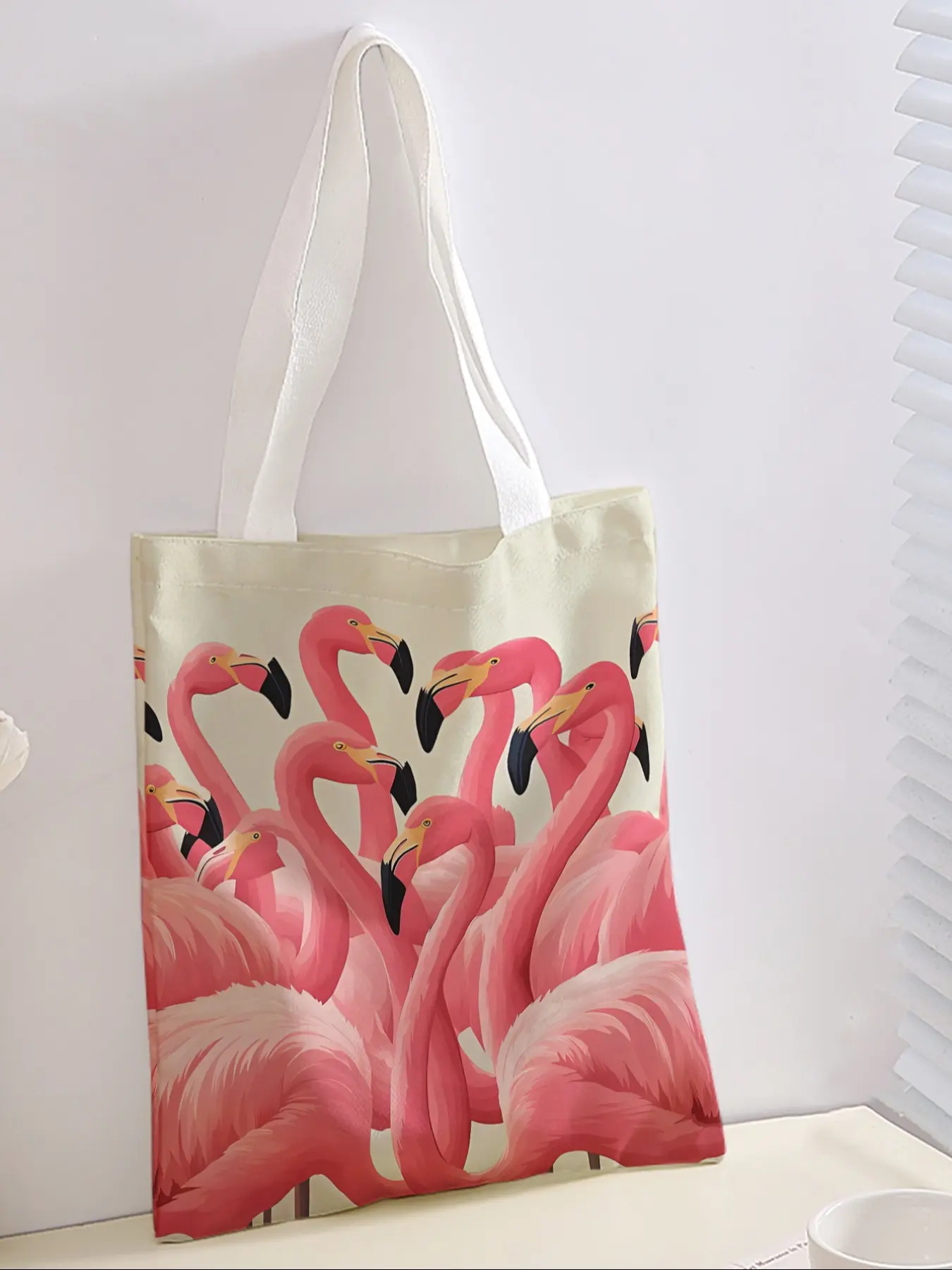 Flamingo Pattern Casual Storage Bag, Night Scene, Fashionable and Trendy, Suitable for Daily Shopping, Office Use, Various Occasions, Lightweight Shopping Bag