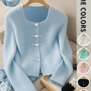 Elegant Women's Knit Cardigan, Round Neck Blue Blazer, Casual Fitted Style, Perfect for Fall & Winter, Single Wear or Layering, Knitwear