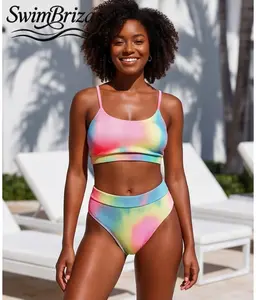 Briza｜Ribbed Scoop Neck High Waisted Bikini for Women Rainbow Ombre Tie-Dye Print 2 Piece Swimsuit Set Tummy Control Swimwear Bathing Suit Vacation Beach Summer Style, Women's Swimwear, Bathing Suit for Women, Bikini Set, Two Piece Bathing Suit