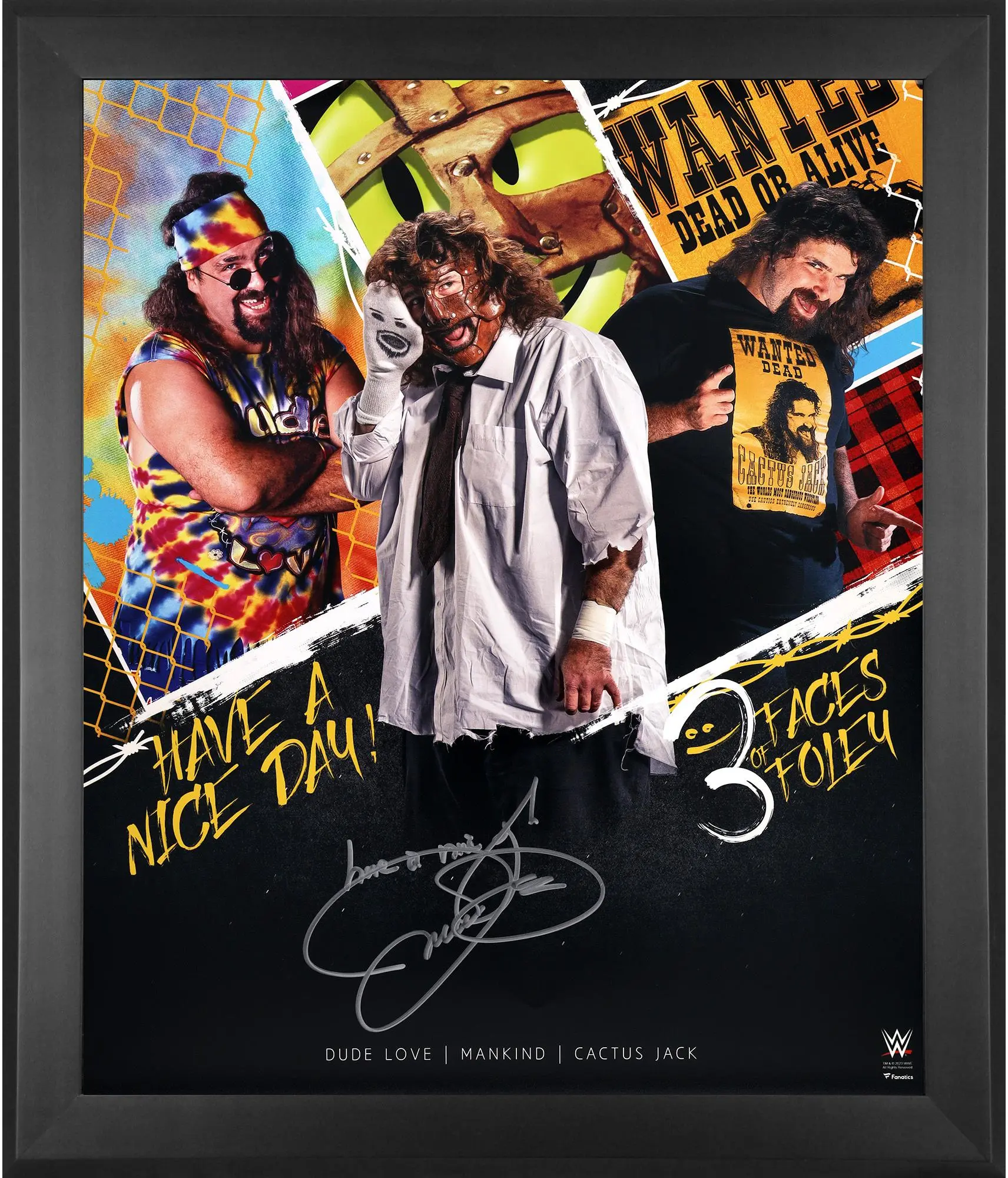 Mankind WWE Framed Autographed 20" x 24" Three Faces of Foley Stylized Photograph with "Have A Nice Day!" Inscription - Fanatics Authentic Certified