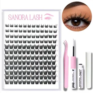 Sanora Cluster False Eyelashes (10mm-18mm) with Pink Tweezers, Bond and Seal, Lash Cluster Remover – Makeup for Longer Looking Eyelashes, 10mm Lashes