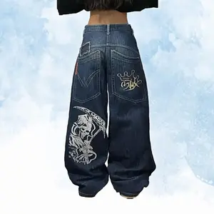 Y2K Hip Hop Street Oversized Jeans, Grunge Death Print Baggy Jeans Curvy, Skull Embroidered Jeans, Y2K Jeans, Plus Size jeans, Size 26 Japanese Denim