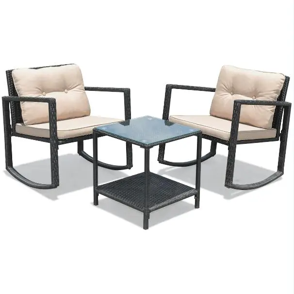 【Costway】 3 Pieces Patio Conversation Bistro Set, Outdoor (Wicker) Furniture Glass Top Table & 2 Rattan Armchairs/Rocking Chairs Seat Cushions for Por