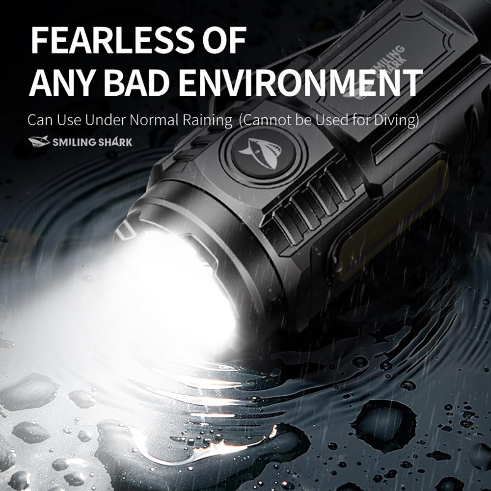【SD-5474】Small Size Massive Power SMILING SHARK Torch Light Rechargeable Flashlight Led Super Bright with Clip COB Floodlighting 4 Modes Small Outdoor Emergency Hiking Pocket Light 		