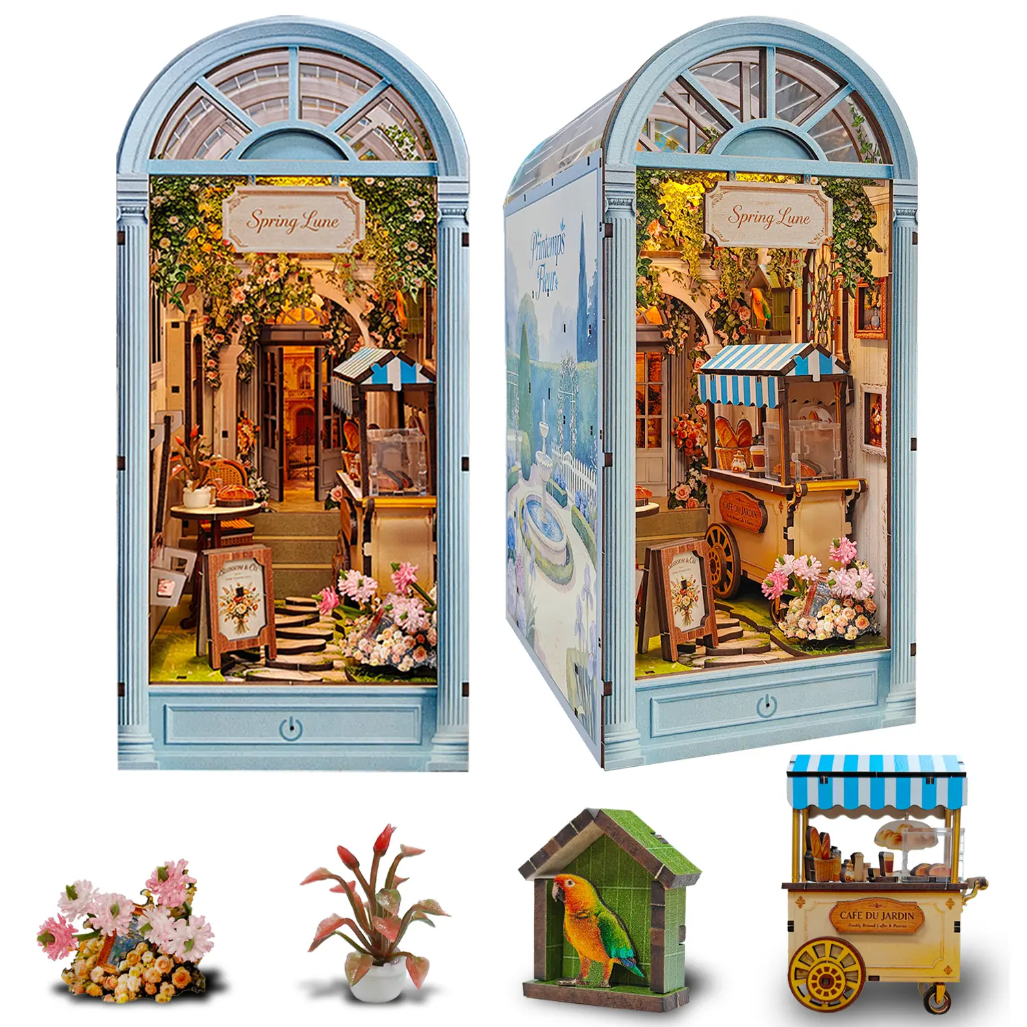 3D Wooden Book Nook Model Kit with Built-in LED Lighting - DIY Multi-Piece Spring Lane Bookshelf Insert Flower House, Craft Ideas for Adults & Book Nook Enthusiasts, Unisex Assembly Hobby Gift for Birthdays/Holidays