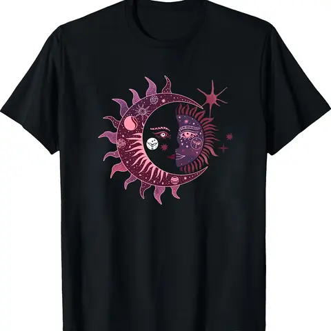 Women's Casual Sun & Moon Graphic Tee Crew Neck Short Sleeve Machine Washable Perfect for Spring & Summer  Shirt Top Womenswear Black Breathable Polyester Blend Comfortable Stylish T-Shirt Unisex Design Day Knitted