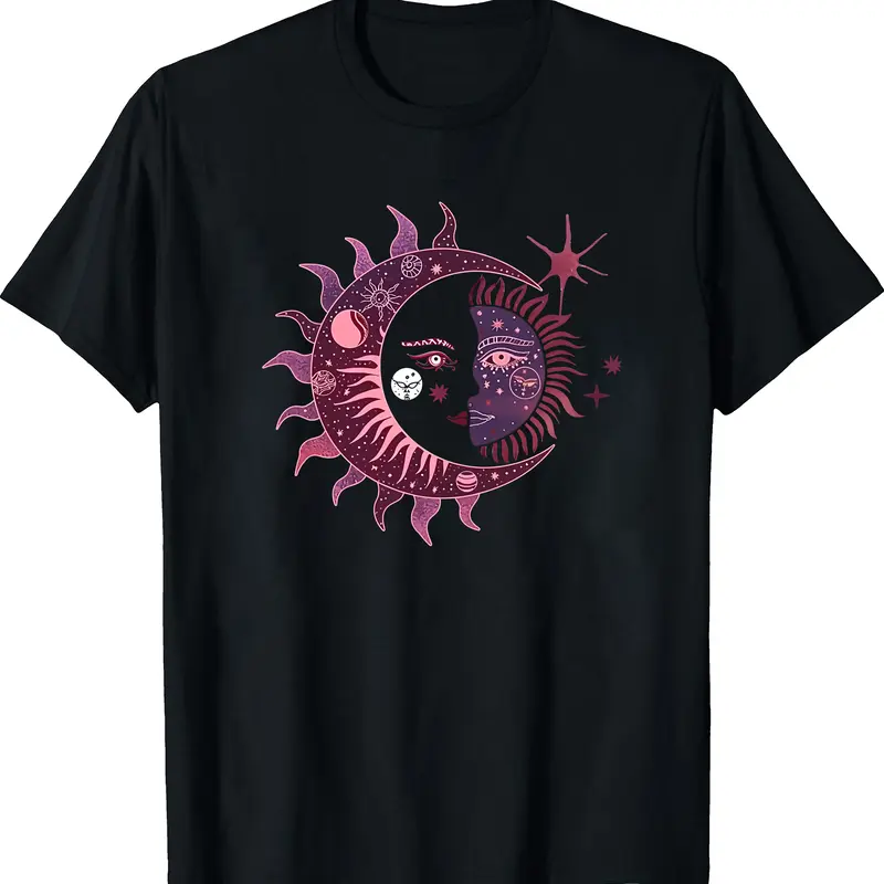 Women's Casual Sun & Moon Graphic Tee Crew Neck Short Sleeve Machine Washable Perfect for Spring & Summer Shirt Top Womenswear Black Breathable Polyester Blend Comfortable Stylish T-Shirt Unisex Design Day Knitted