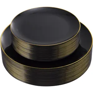 60 count Black Plastic Plates - Black and Gold Plates - Black Disposable Plates with Gold Rim for Party - Include 30 count 10.25inch Black Plates and 30 count 7.5inch Black Plates
