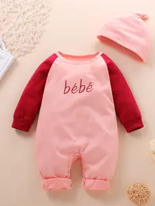 Newborn Baby Onesie Set, Contrast Shoulder Straps Letter Romper + Cute Hat, Comfortable Spring Autumn, Letter Print Bodysuit