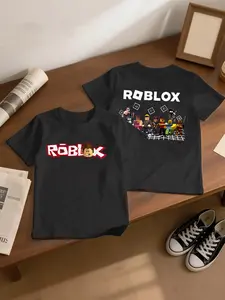 Roblox Game Cartoon Character Design Short Sleeve T-Shirt, Kids Casual Polyester Fabric, Soft Breathable, Perfect for Daily Wear
