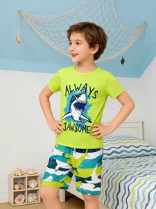 Boys' 2-Piece Shark Pattern Spring Thin Round Neck Short Sleeve Shorts Pajama Set, Comfortable Home Wear Sleepwear for Kids