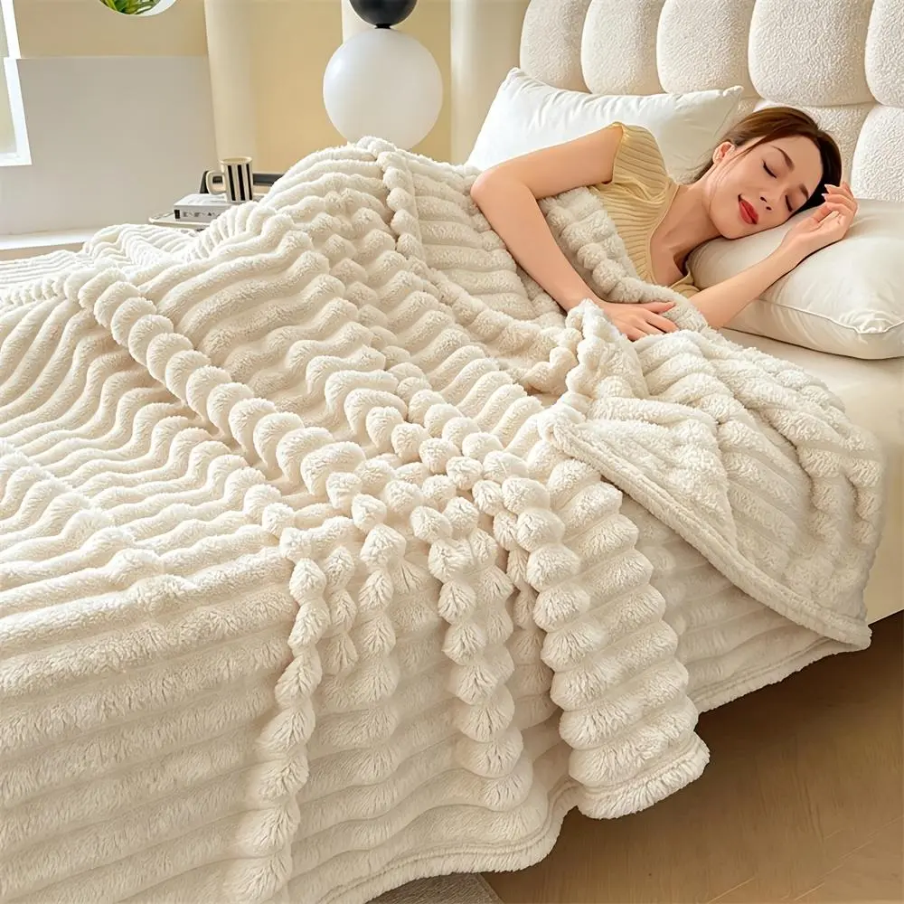 Retro Stripe Faux Rabbit Fur Throw Blanket - Faux Fur Texture, Minimalist, Polyester Fiber, Warm Insulated Comfortable, Indoor/Outdoor Use for Bed Sofa, Luxurious Gift