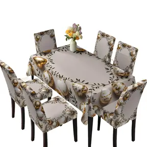 Easter Luxury Pattern Tablecloth Dining Chair Slipcover Set, 2/5/7 Piece Spring Decor for Home Dining, Festive Textile Kit