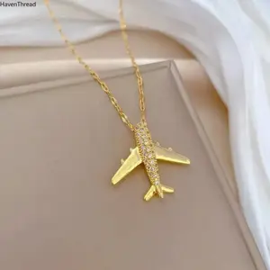 18K Gold Plated Starry Sky Airplane Pendant Necklace, Daily Wear Jewelry for Women, Fine Chain Necklace Featuring Cute Aviation Motif