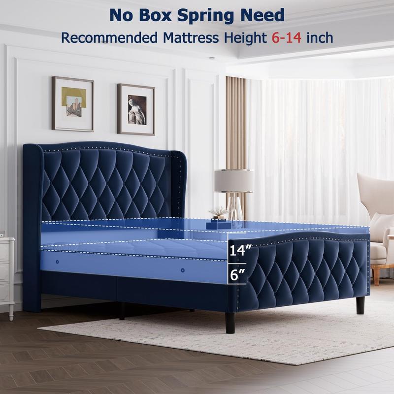 Full Size Bed Frame,Velvet Upholstered Full Size Platform Bed with Wingback Headboard,Wooden Slat Support,No Box Spring Needed,Easy Assembly,Navy Blue