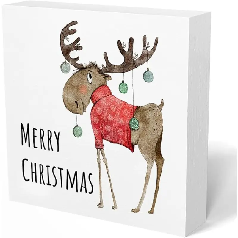 Merry Christmas Sign, Moose Christmas Decorations, Rustic Woodland Moose Wooden Box Sign, Farmhouse WoodlandDecor, Xmas Decorations for Home Office Table Shelf Decor, 5x5 Inch