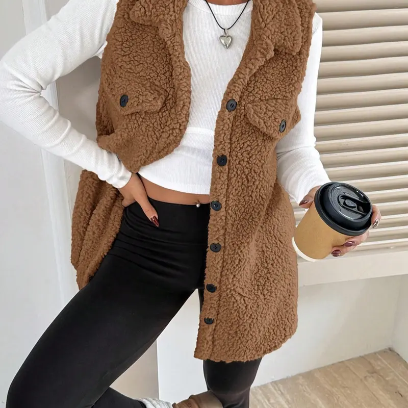 Women's Sleeveless Plush Collar Vest Tops, Basic Long Casual Fitted Coat for Fall & Winter, Thick Woven Fabric, Plain Pattern, Warm Outerwear Pockets Button