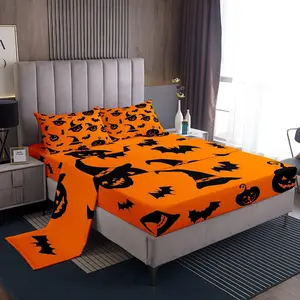 Happy Halloween Bed Sheets Set,Pumpkin Bedding for Kids,Fall Pumpkin Lantern Bat Cobweb Magic Hat Orange Sheet with 16 Inch Deep Pockets