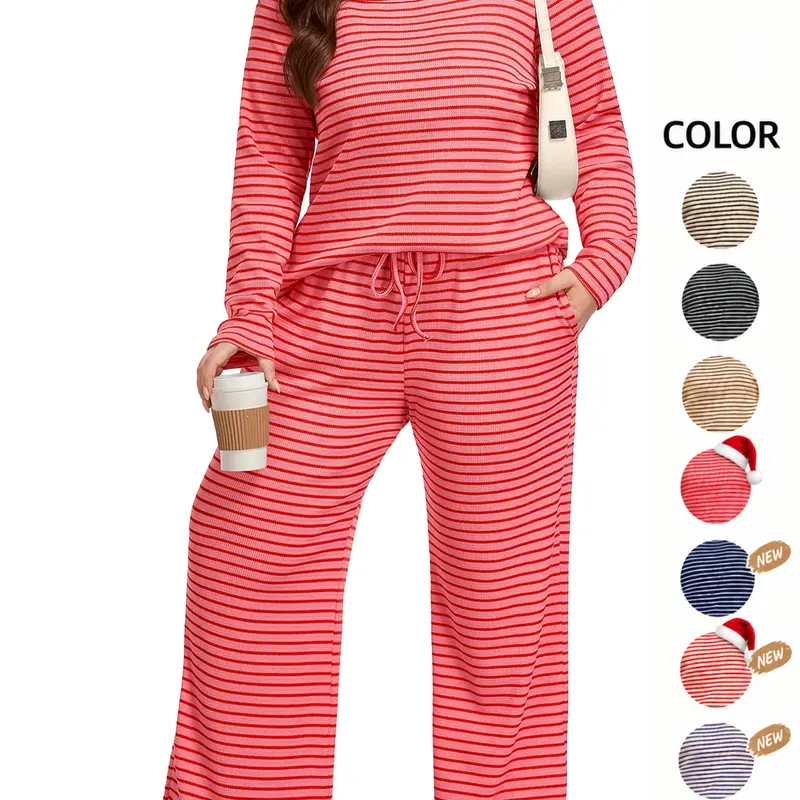 COOTRY Women's Plus Size 2-Piece Pajamas Lounge Set - Longsleeve Stripe Print Relaxed-Fit Top, Below-Ankle Pants, Machine Washable Fall Winter Matching Pajamas Sets (1XL-6XL)