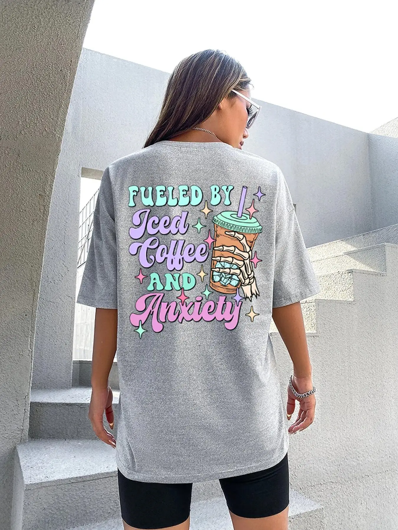 Women's Cartoon Beverage & Letter Print Round Neck Tee, Casual Drop Shoulder Half Sleeve T-shirt for Summer, Graphic Tees, Ladies Clothes for Daily We