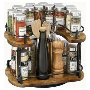 Lazy Susan Organizer Spice Rack - Spice Organization for Cabinet Height Adjustable Rotating Lazy Turntable, Pantry Kitchen Wood Revolving Seasoning Organizer