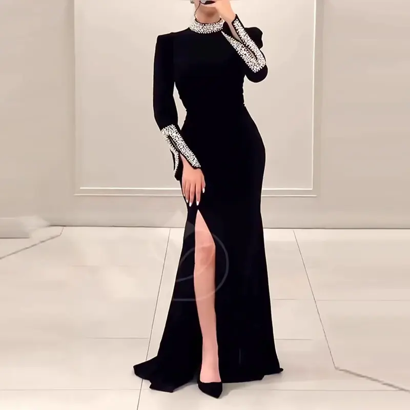 Women's Elegant Plain Spring Long-Sleeved Fitted Maxi Gown - Rhinestone Patchwork Half High Neck, Wrap Waist, Hip-Hugging Formal Wear Dress for Casual-Formal Banquets
