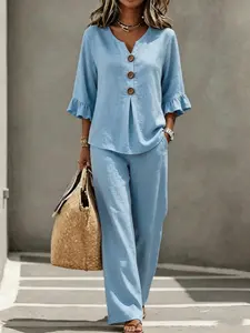 Women's New 3-Quarter Sleeve Casual V-Neck Button Ruffle Top and Pants 2-Piece Set, Womenswear Clothes