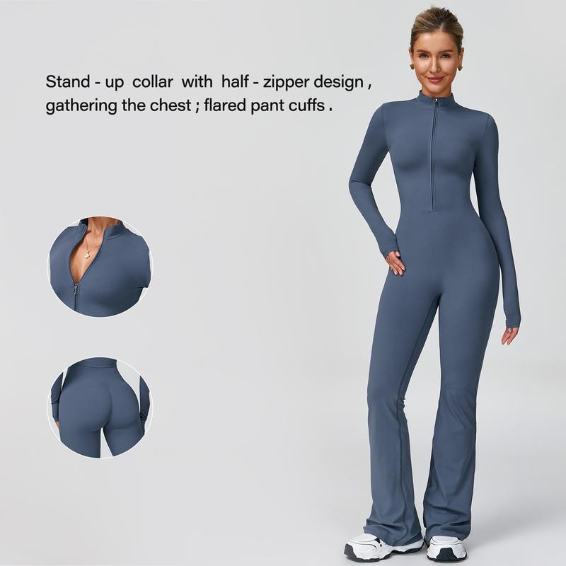 Women's Long Sleeve Flared Sports Jumpsuit - Zipper Jumpsuit, Wide Leg body suit, Sexy One-Piece Yoga Jumpsuit, Fitness Activewear for the Gym, Pilates, Casual or Street Wear, Tennis Skirt with Shorts and Tie-Front Activewear sporty yoga set